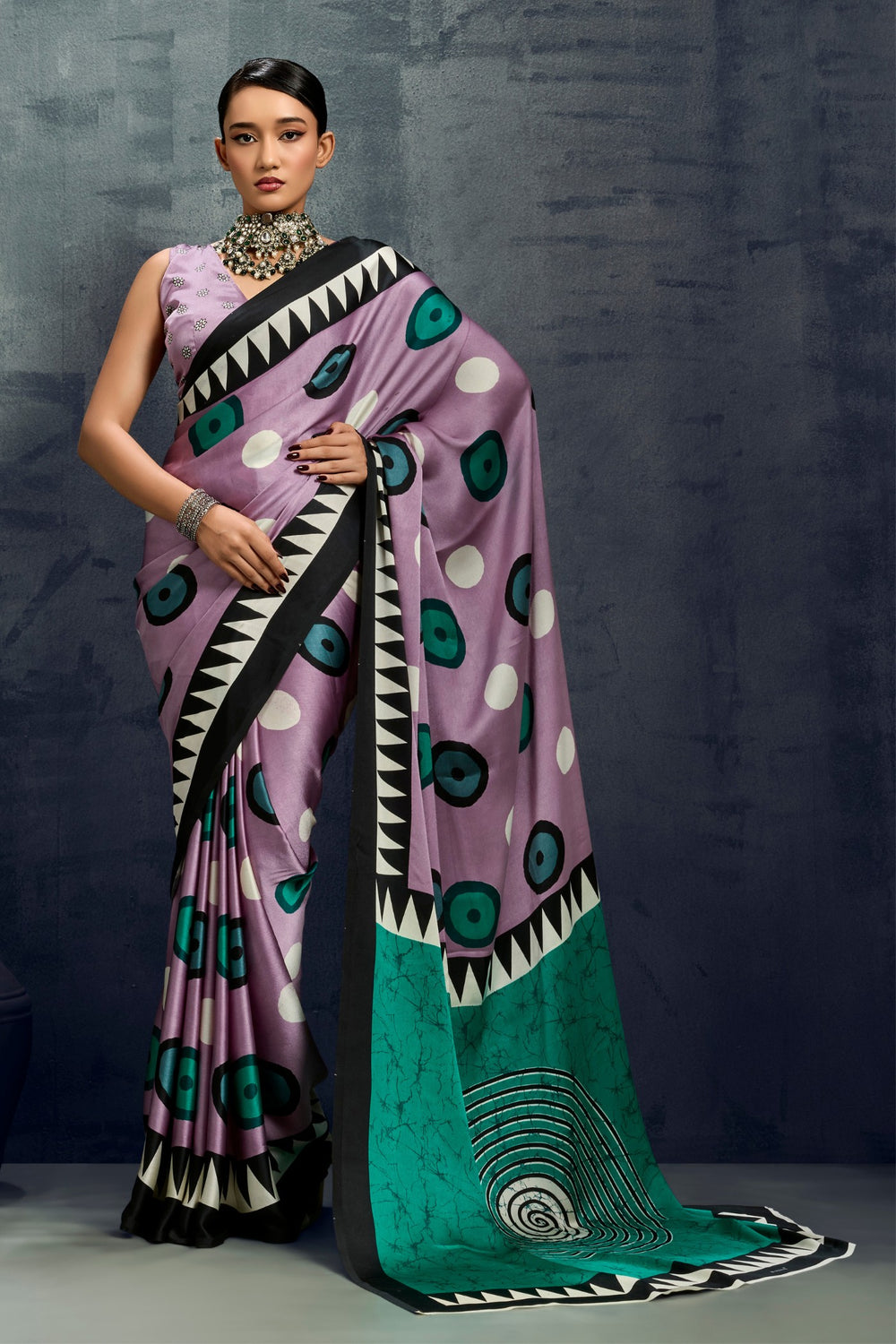 Thistle Purple Ajrakh Printed Satin Crepe Silk Saree 