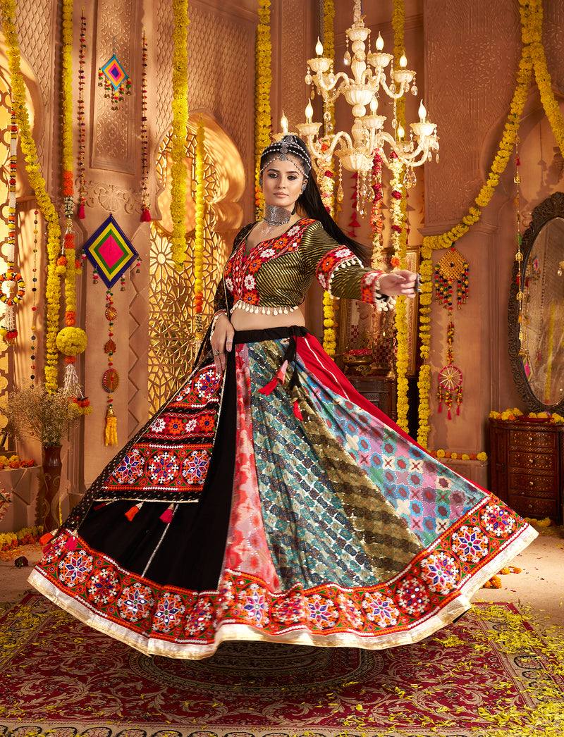 Gujarati style black chaniya choli with embroidery and mirror work