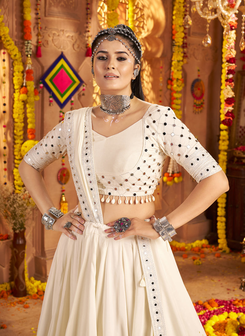 Traditional white mirror work chaniya choli with dupatta