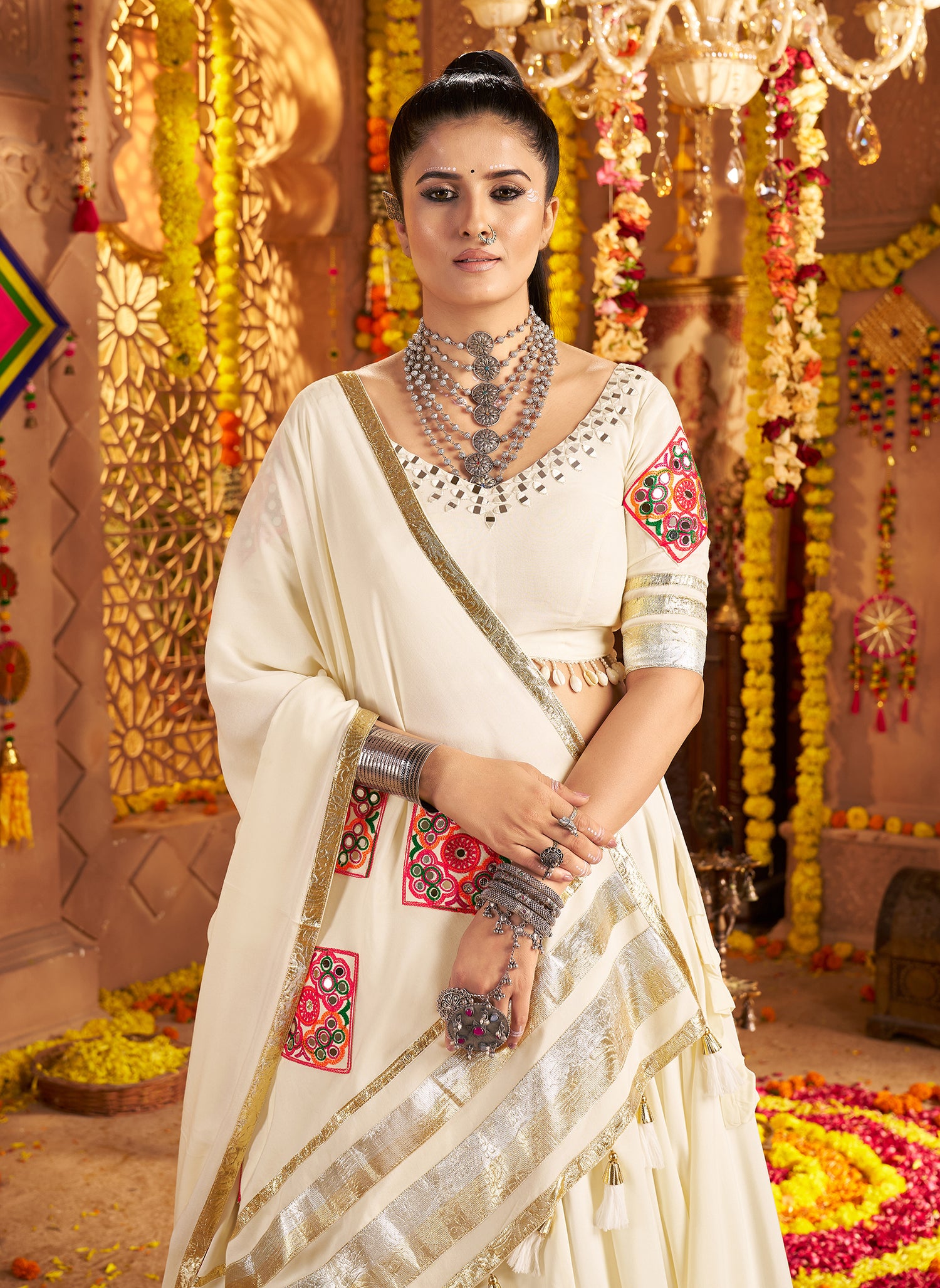 Traditional white mirror work chaniya choli for women