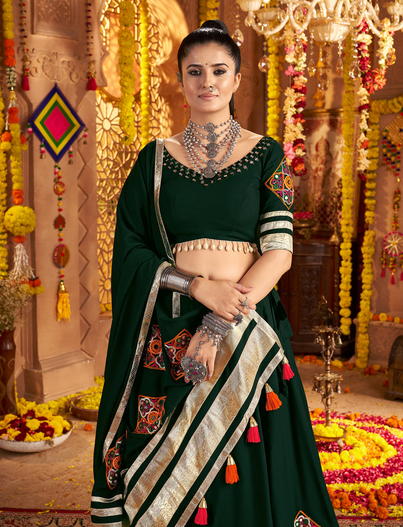 Gujarati style green chaniya choli with embroidery and mirror work