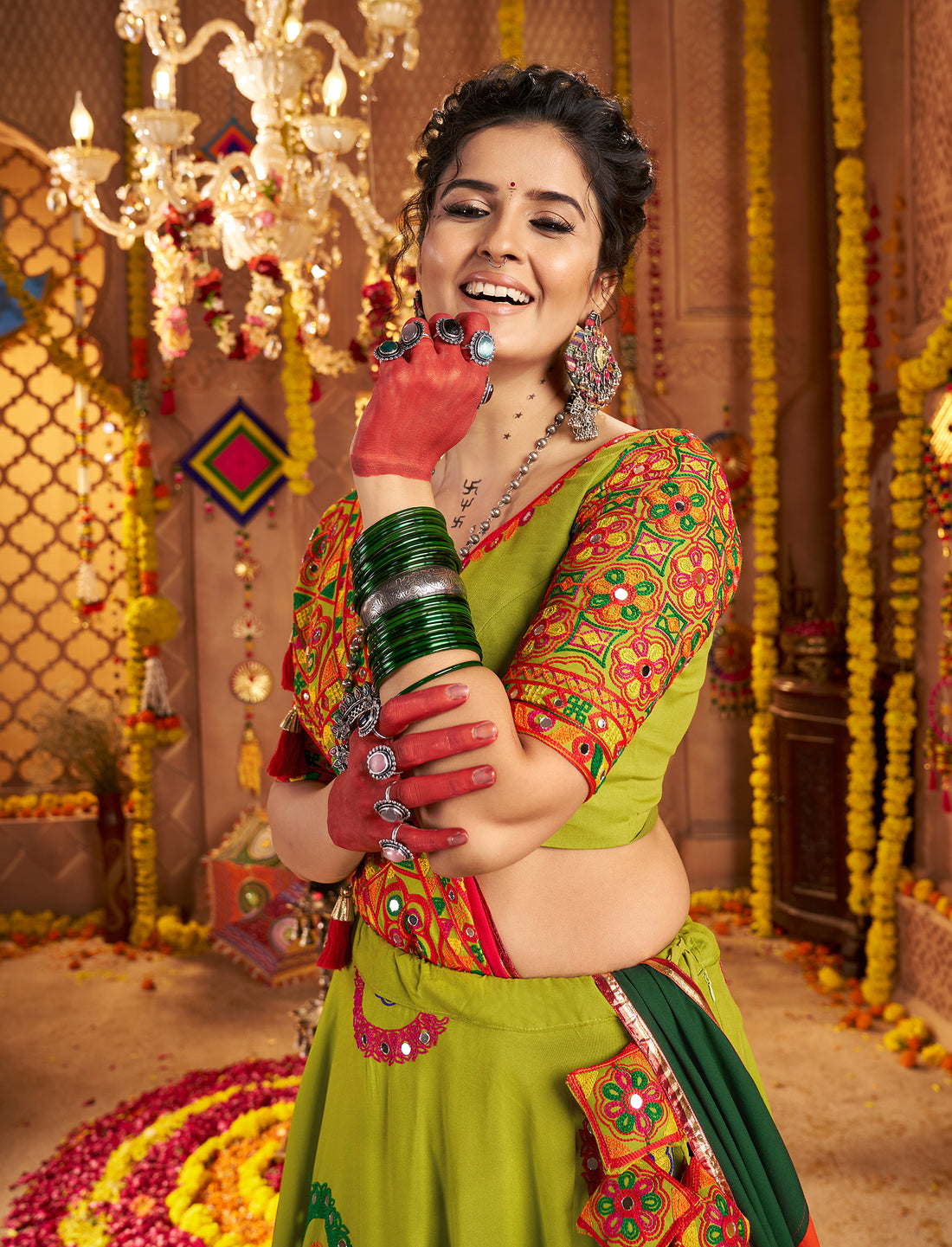 Bottle green mirror work chaniya choli for Navratri garba