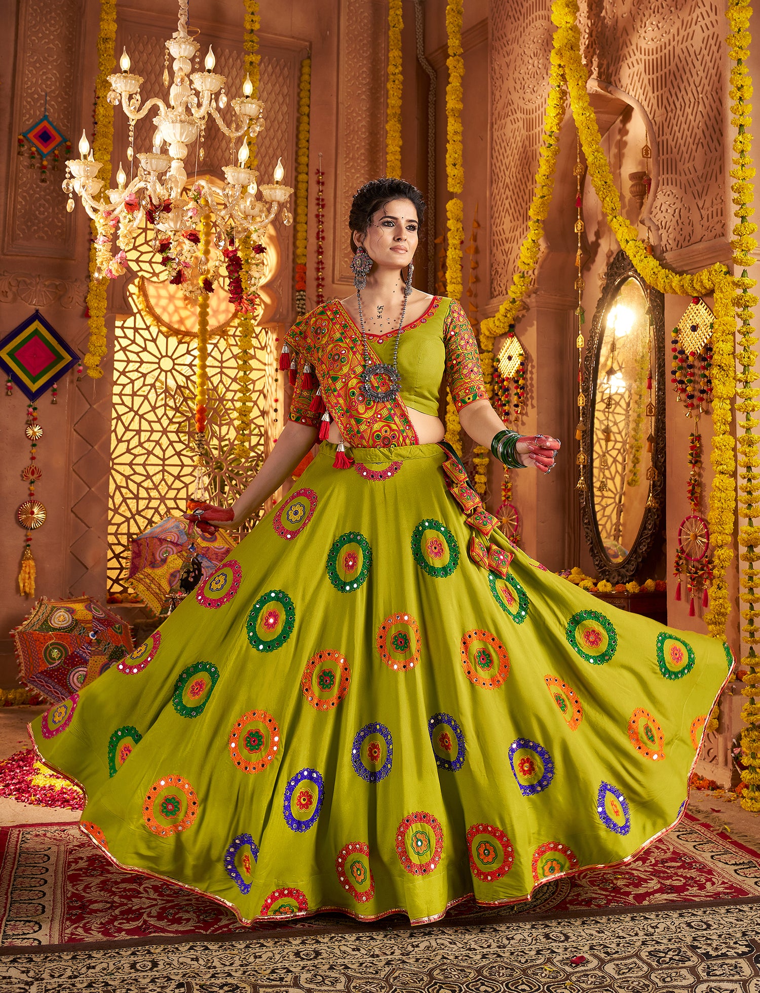Green embroidered chaniya choli for garba and navratri