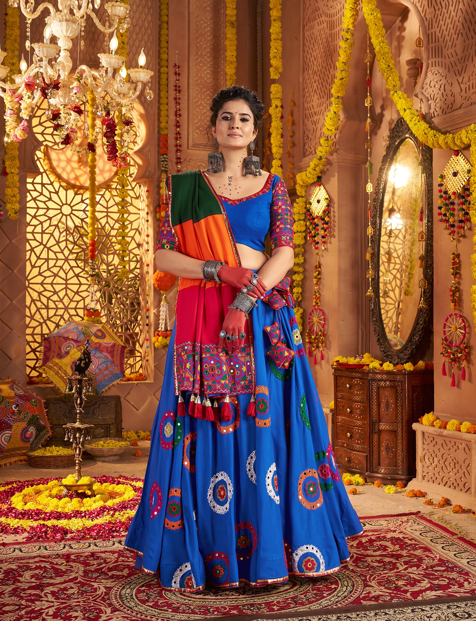 Sky blue chaniya choli with heavy embroidery and mirror work