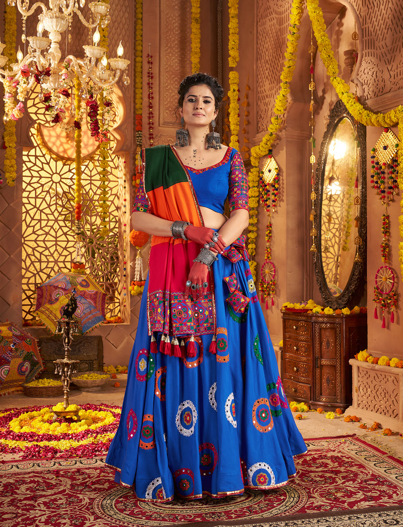 Sky blue chaniya choli with heavy embroidery and mirror work