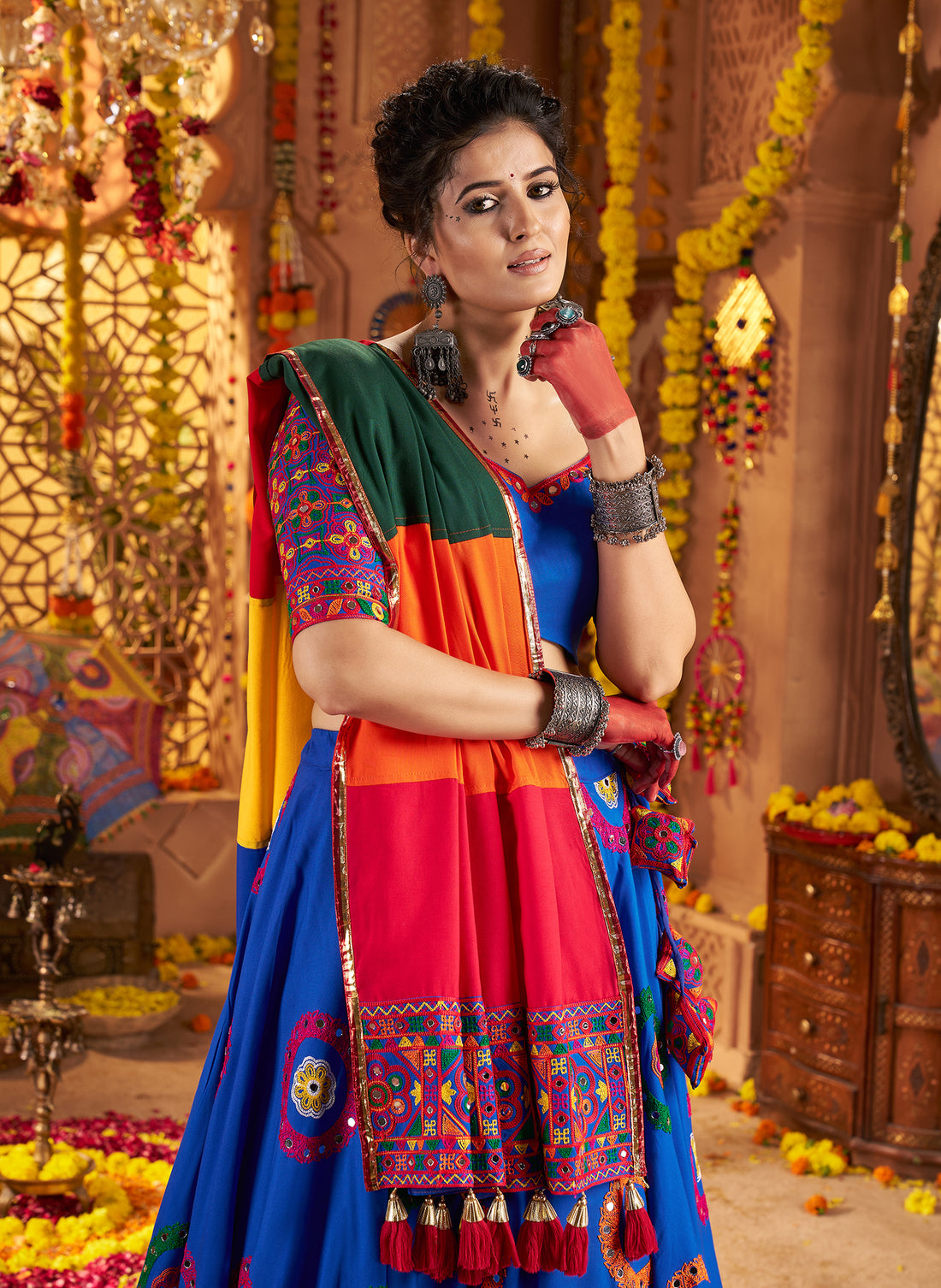 Sky blue chaniya choli with heavy embroidery and mirror work