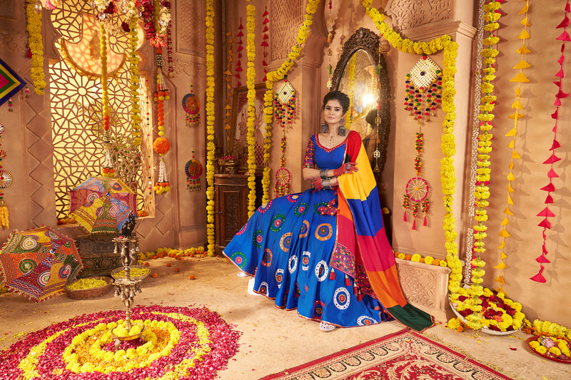 Traditional blue mirror work chaniya choli with dupatta