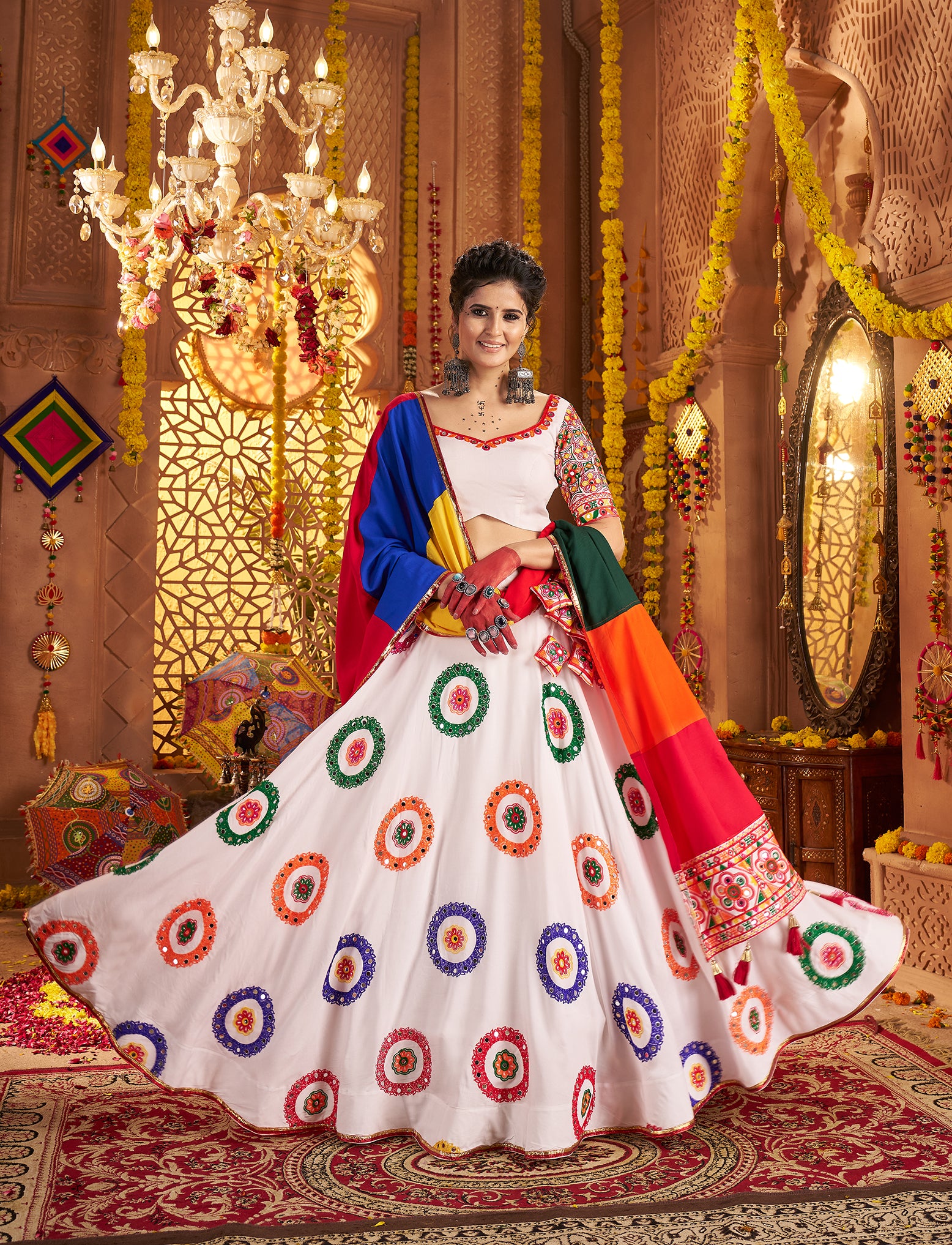 White mirror work chaniya choli for Navratri festival