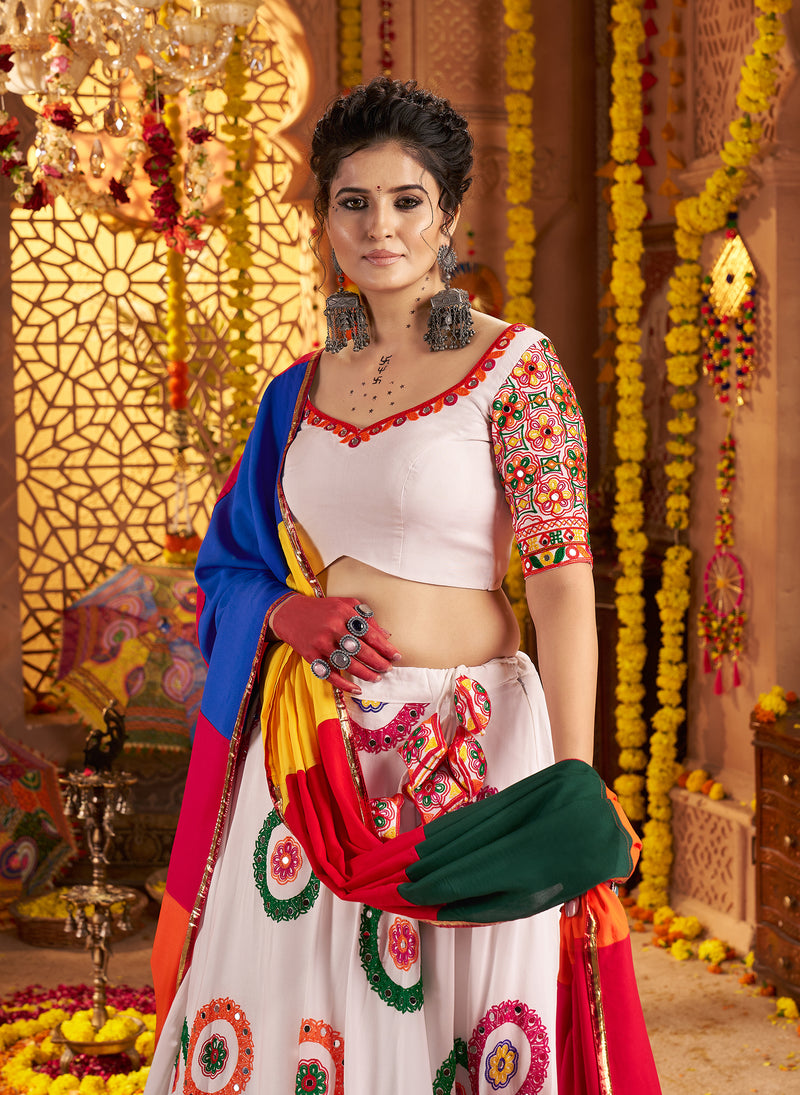 Traditional white chaniya choli with heavy mirror embroidery