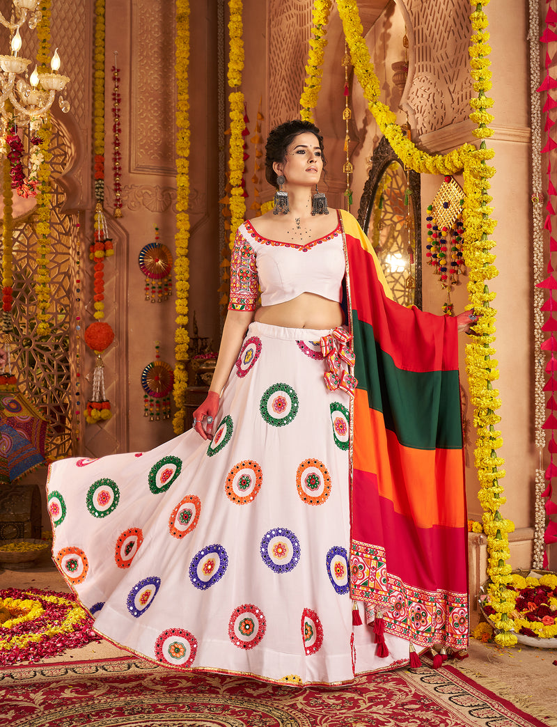White designer chaniya choli with mirror work and dupatta