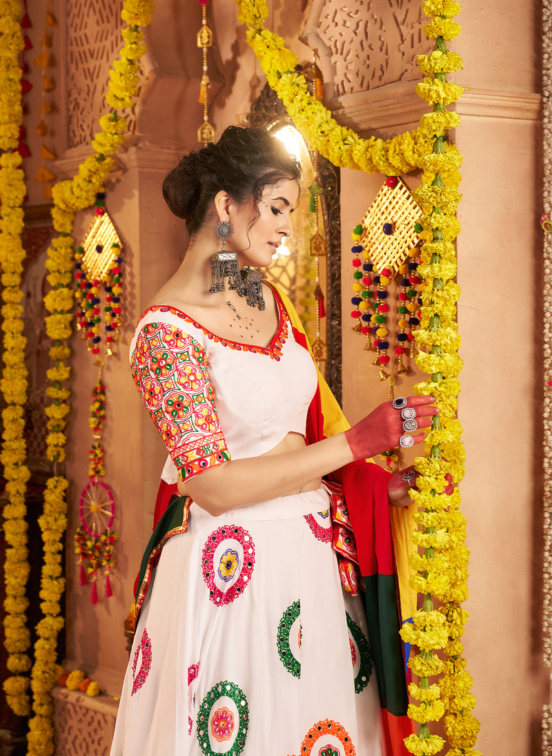 Readymade white mirror work lehenga choli for garba night