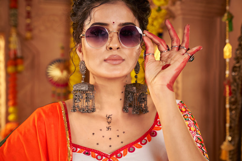 Gujarati style white mirror chaniya choli for women