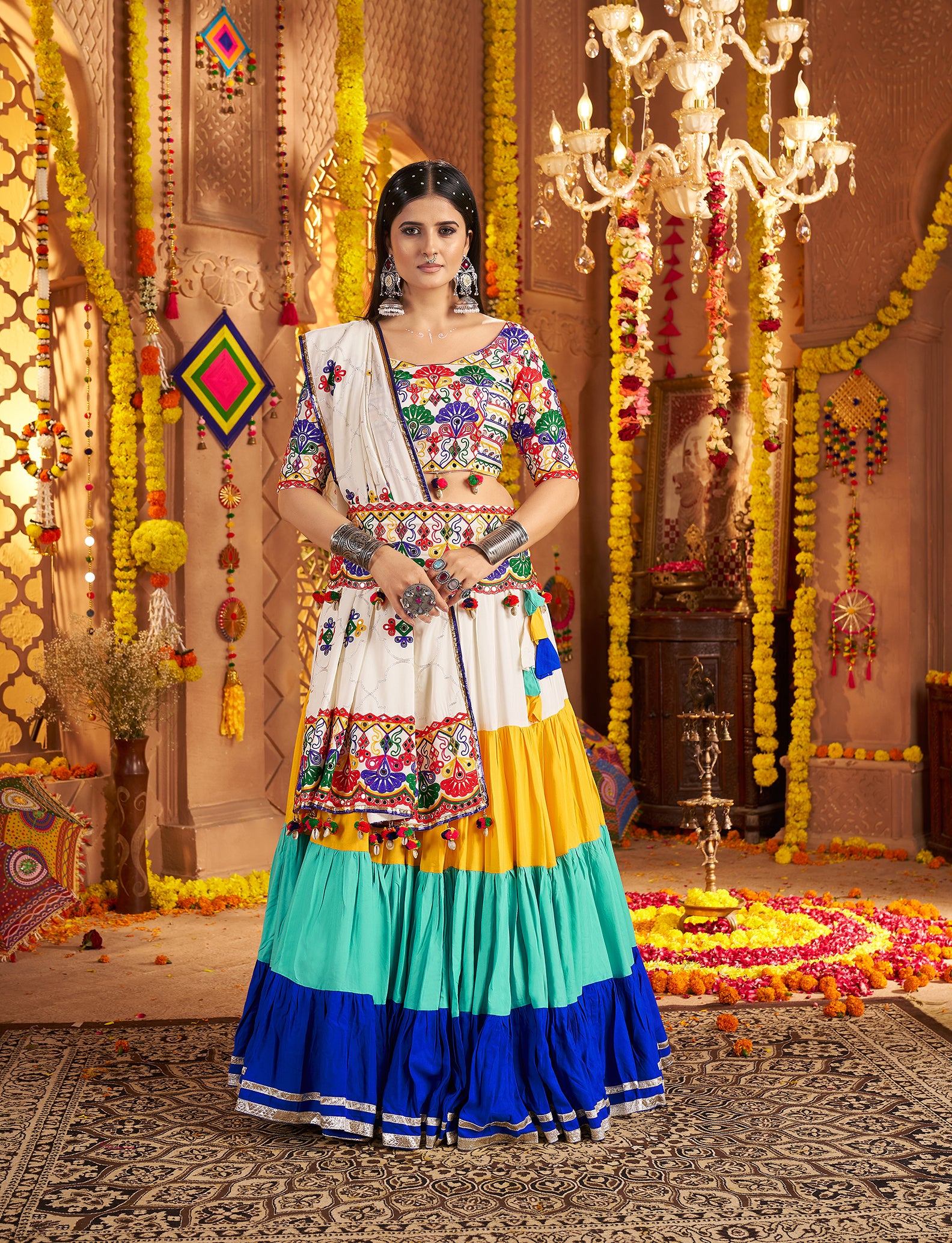 Multi‑color Chaniya Choli with 8m flair and mirror work for Navratri