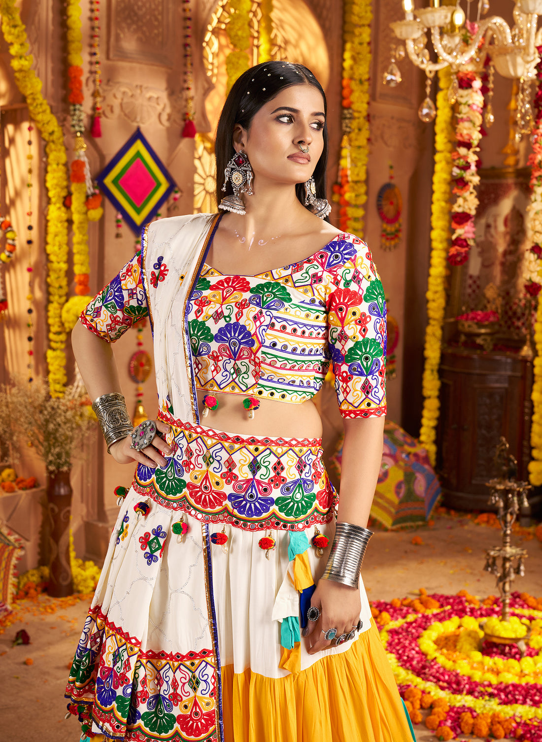 Multi‑color Chaniya Choli with 8m flair and mirror work for Navratri
