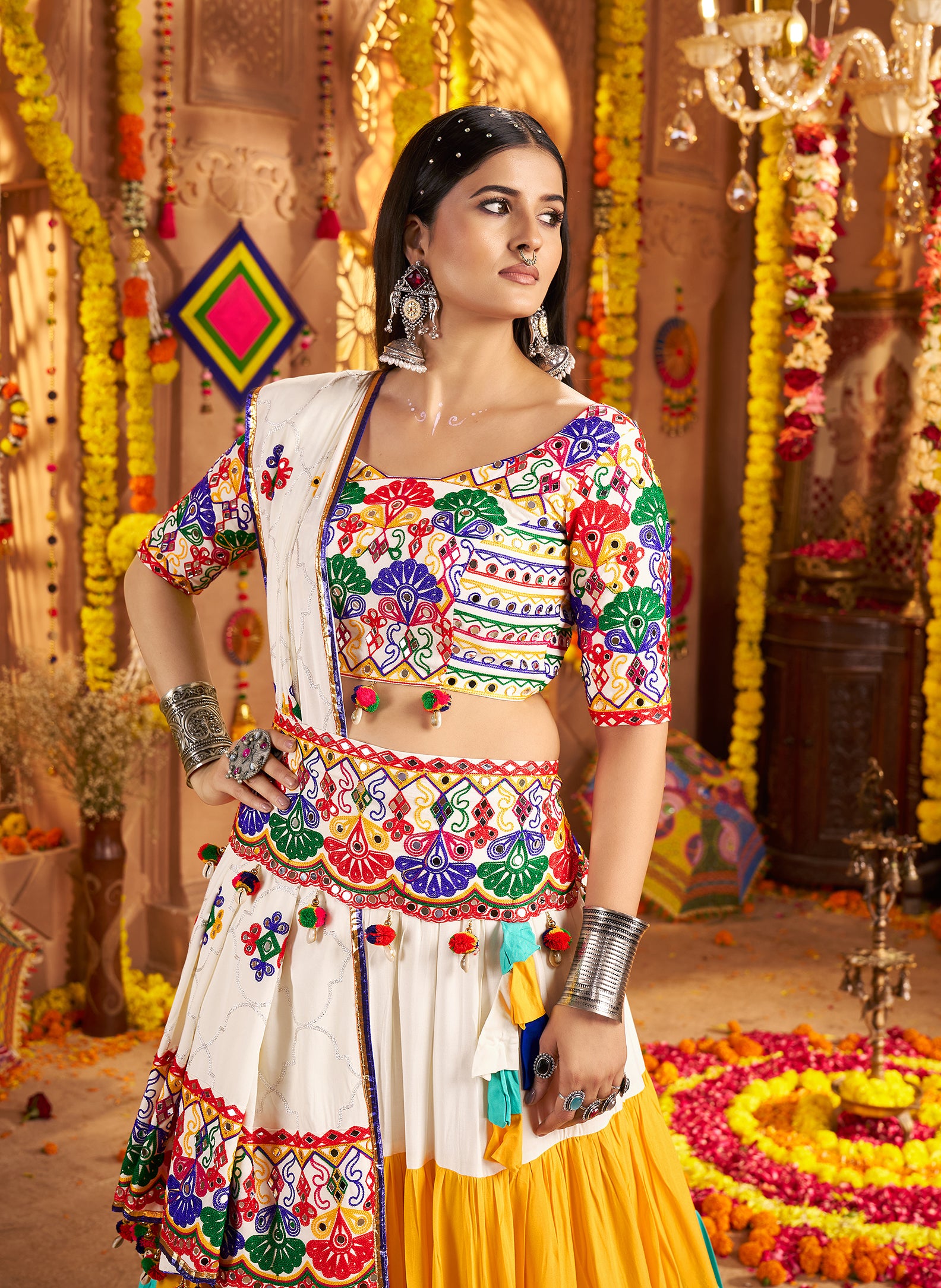 Cotton lehenga choli with mirror embroidery and waist belt