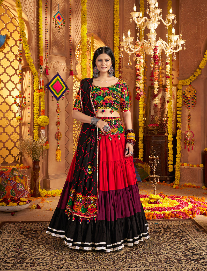 Red and black Navratri lehenga choli with mirror embroidery