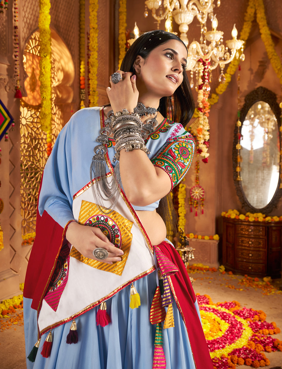 Blue mirror work chaniya choli for Navratri garba night
