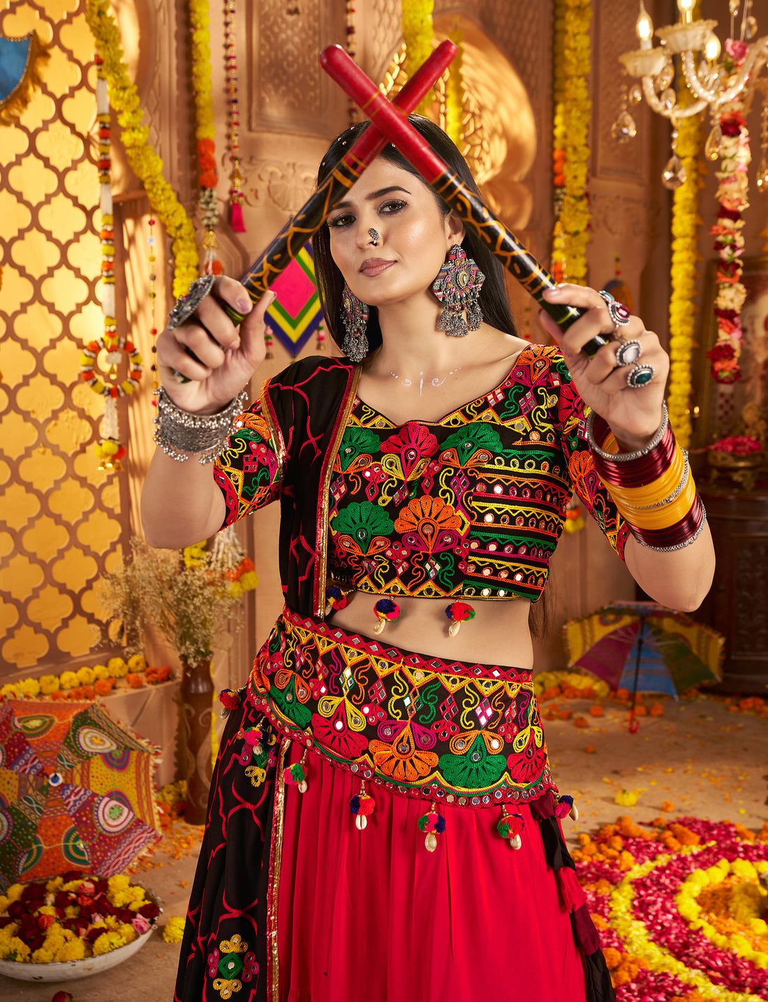Red and black Navratri lehenga choli with mirror embroidery
