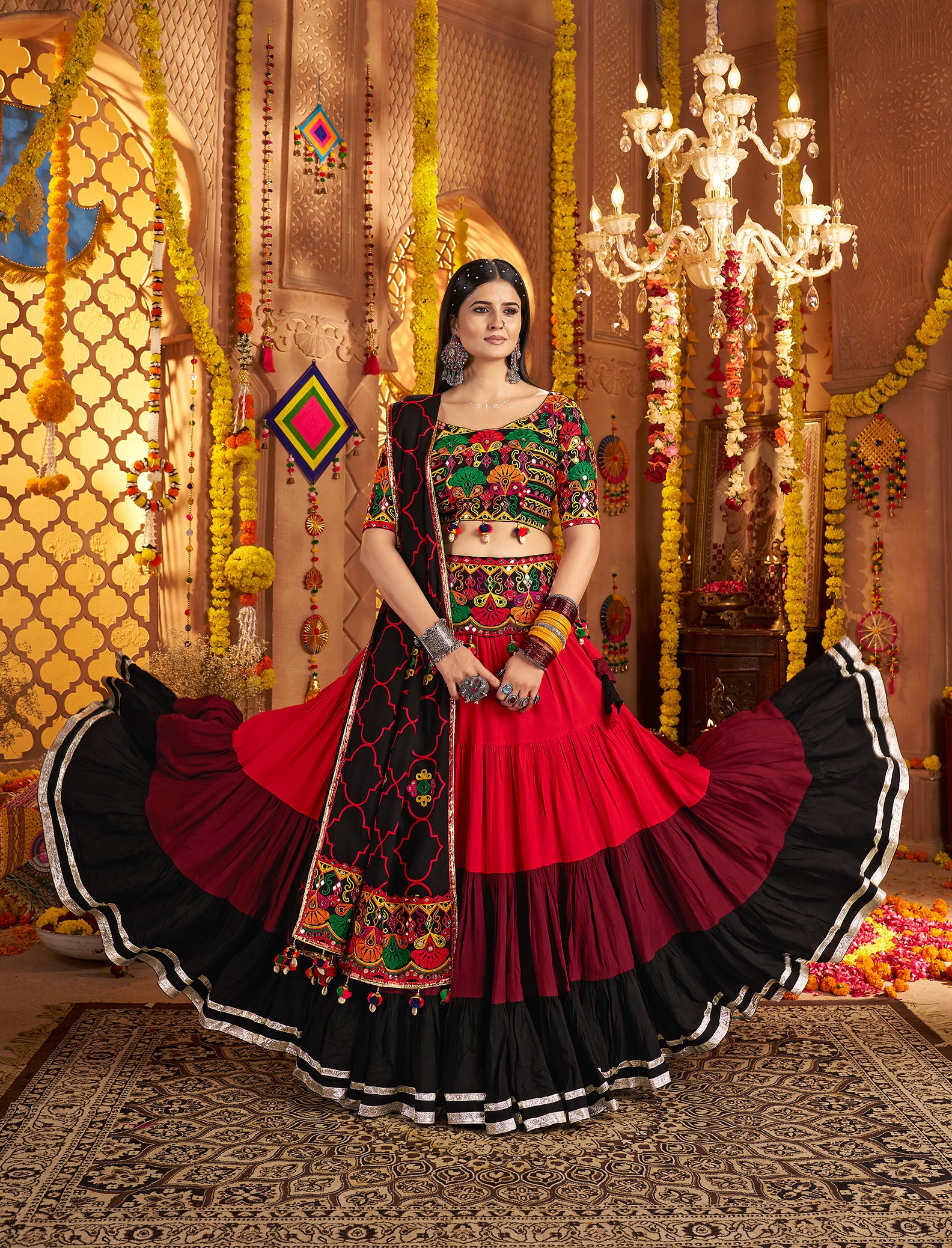 Full‑stitched red &amp; black lehenga choli set