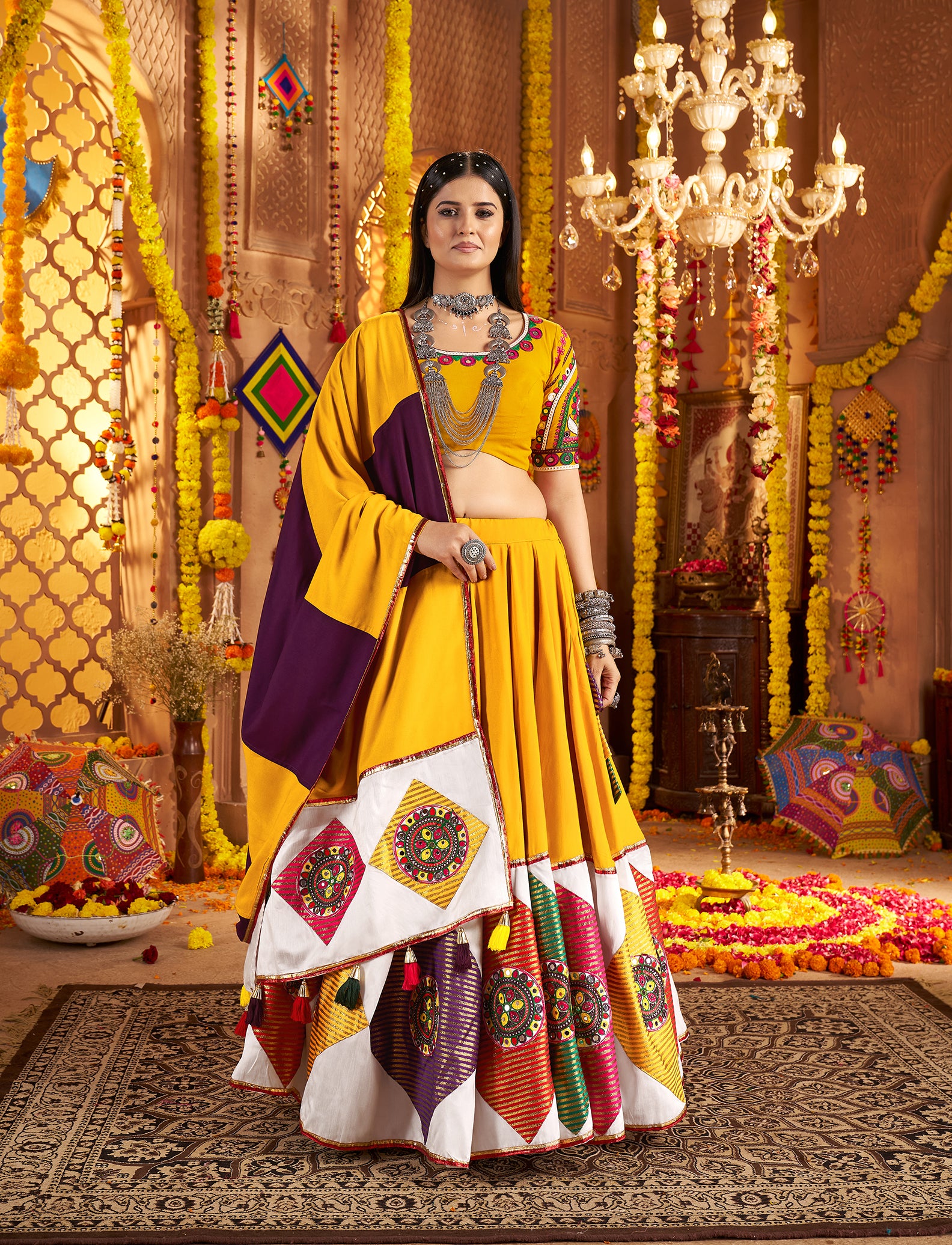 Yellow mirror work chaniya choli for Navratri festival