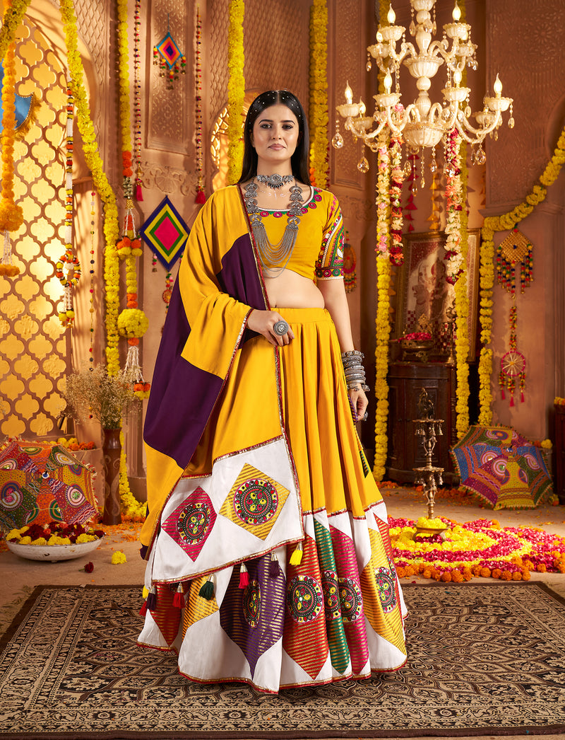 Yellow mirror work chaniya choli for Navratri festival