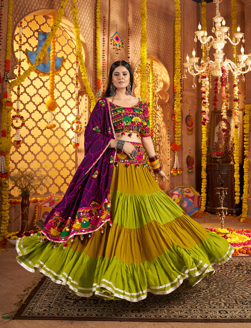 Mustard olive Navratri lehenga set with mirror embroidery