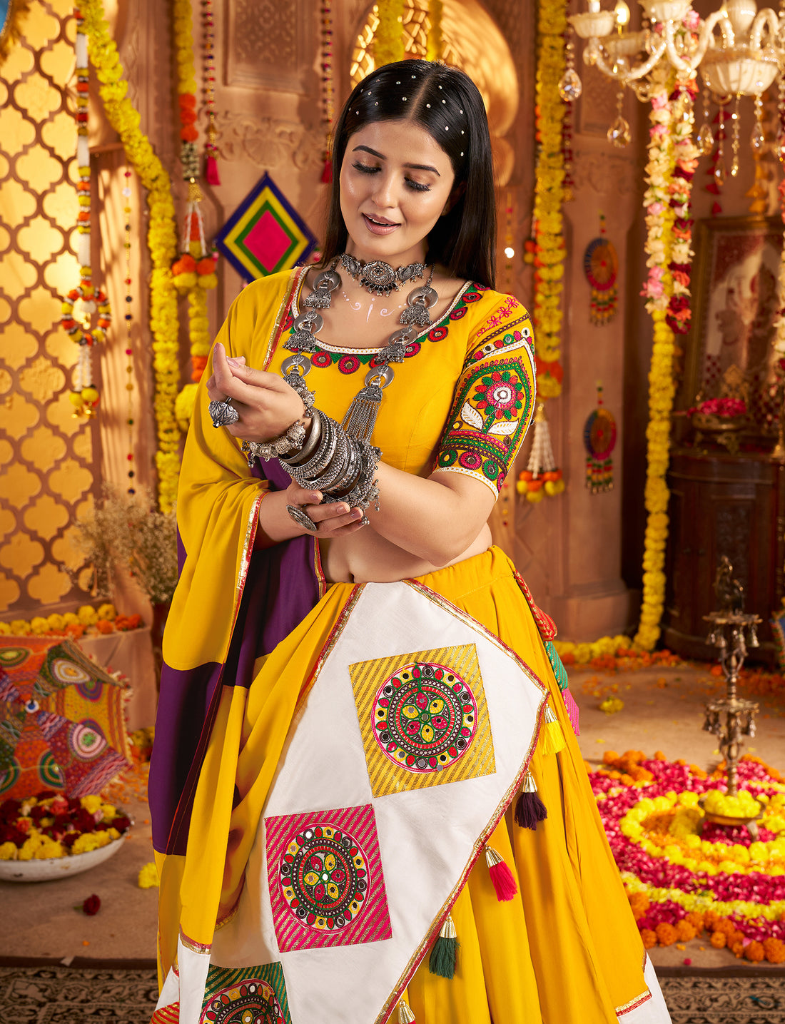 Yellow mirror work chaniya choli for Navratri festival