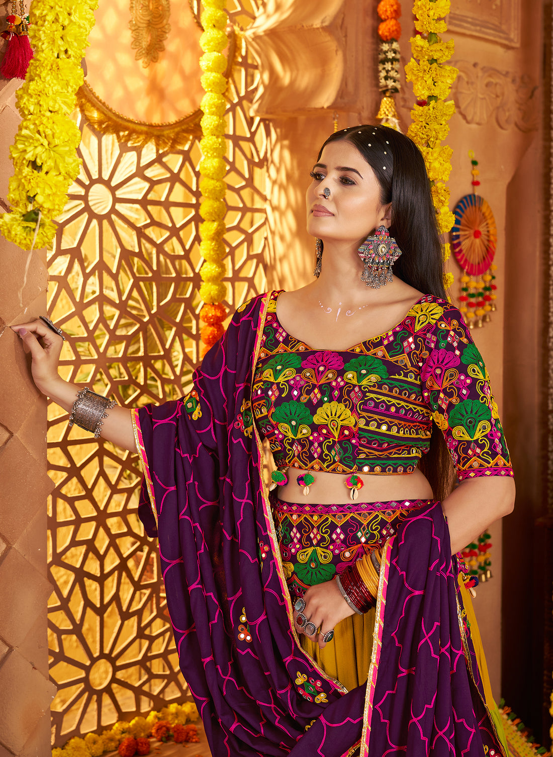 Mustard olive Navratri lehenga set with mirror embroidery