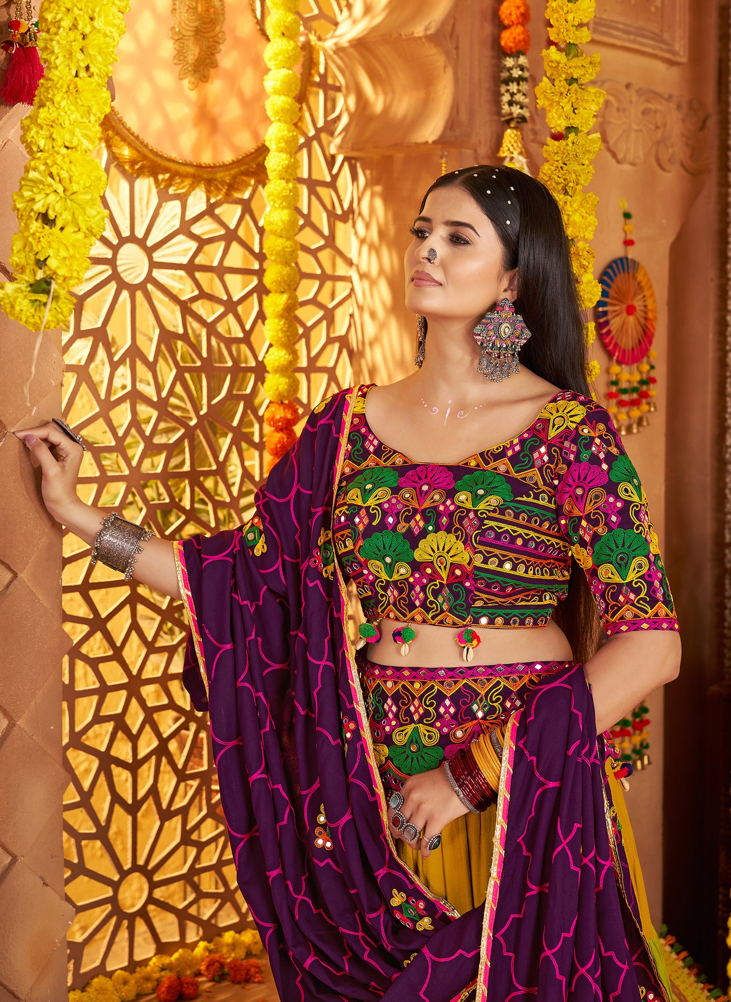 8 meter flair cotton lehenga in mustard and olive tones