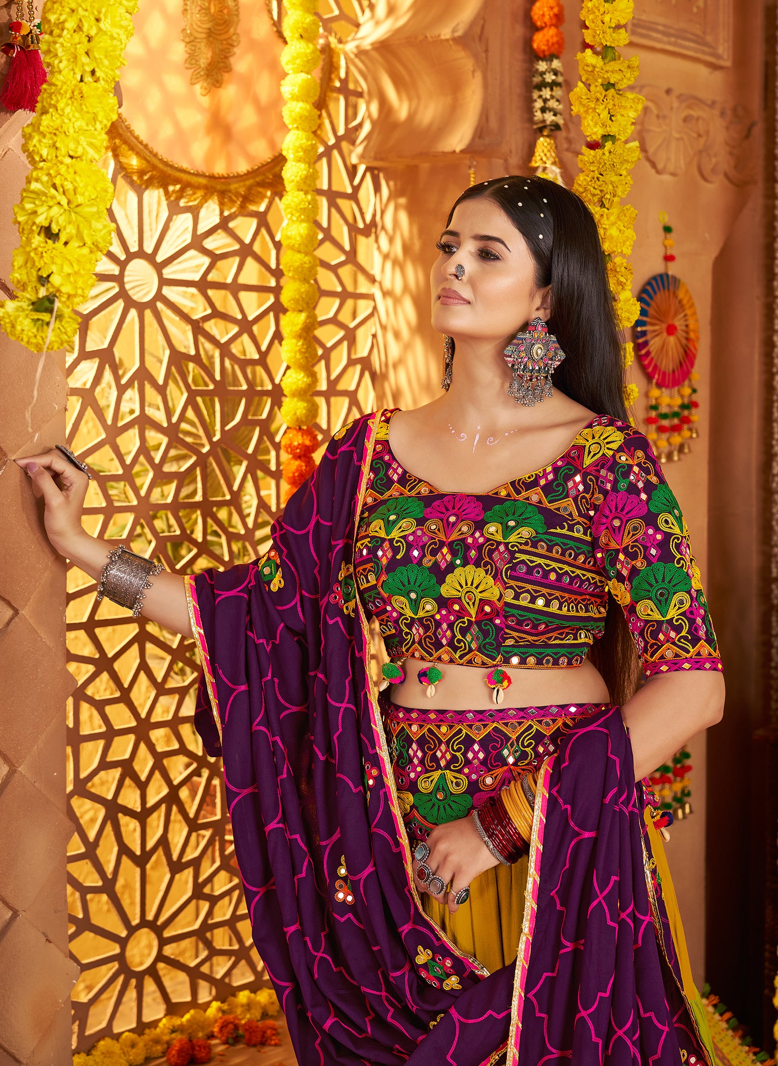 8 meter flair cotton lehenga in mustard and olive tones