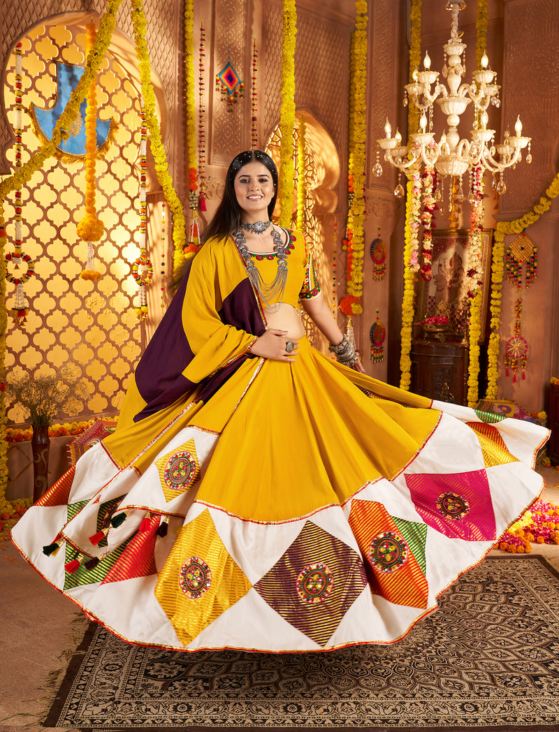 Designer yellow lehenga choli with mirror work for dandiya night