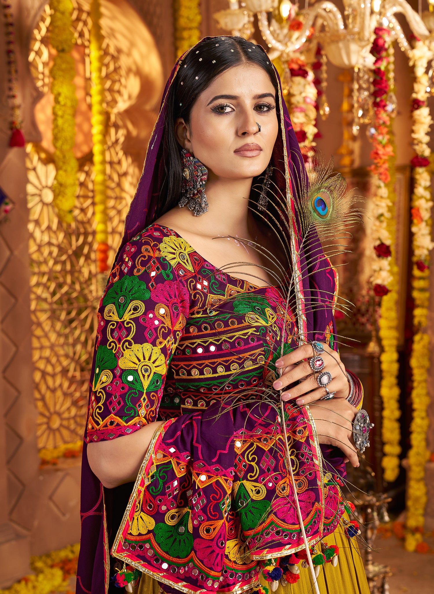 Festive Chaniya Choli with embroidered mirror belt