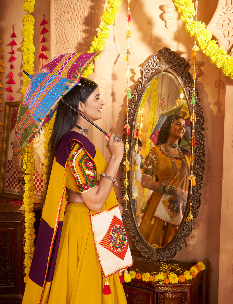 Gujarati style yellow mirror work chaniya choli with dupatta