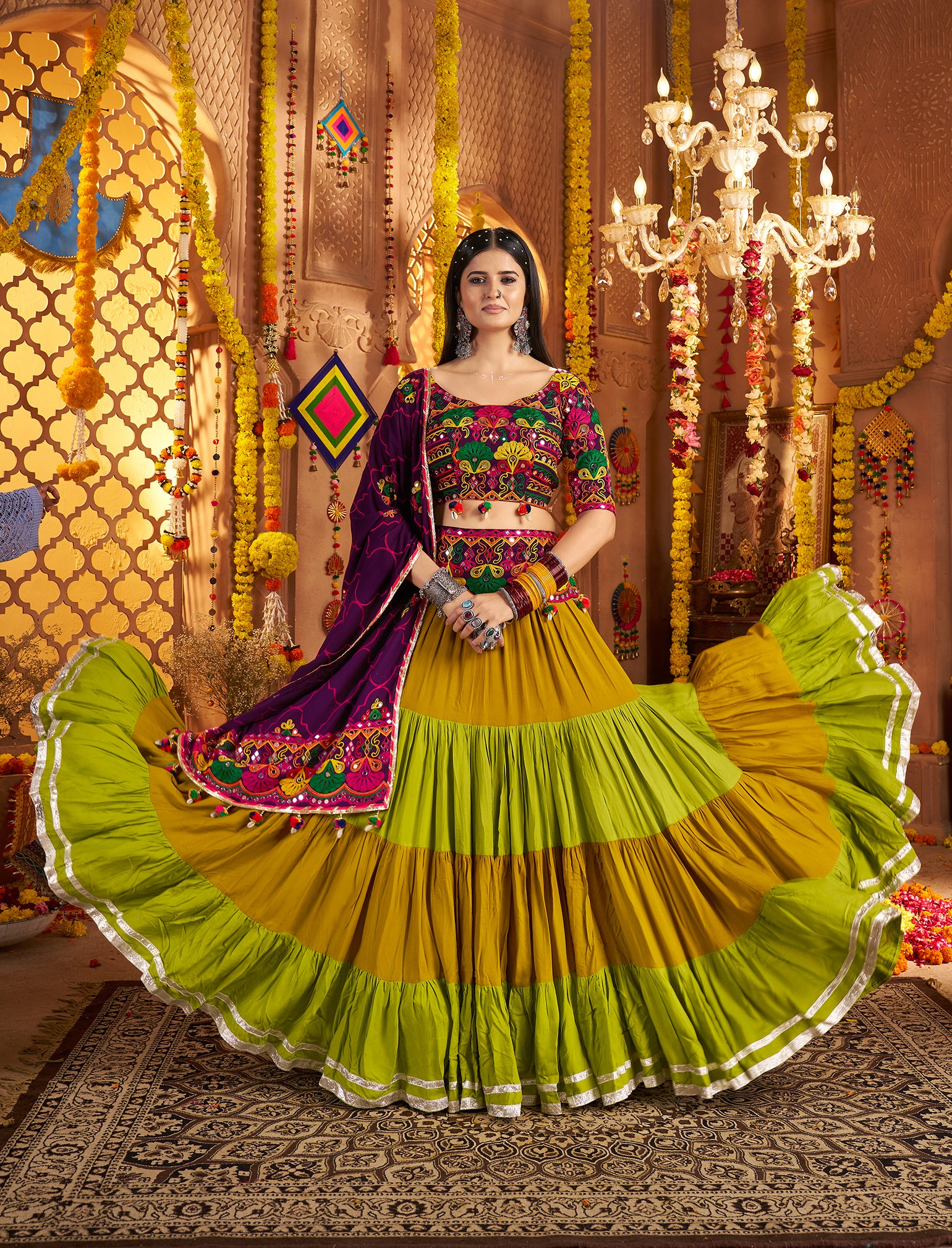 Full‑stitched mustard &amp; olive cotton lehenga with dupatta