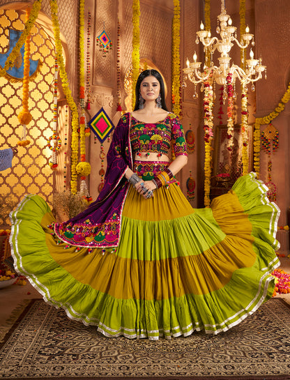 Full‑stitched mustard &amp; olive cotton lehenga with dupatta