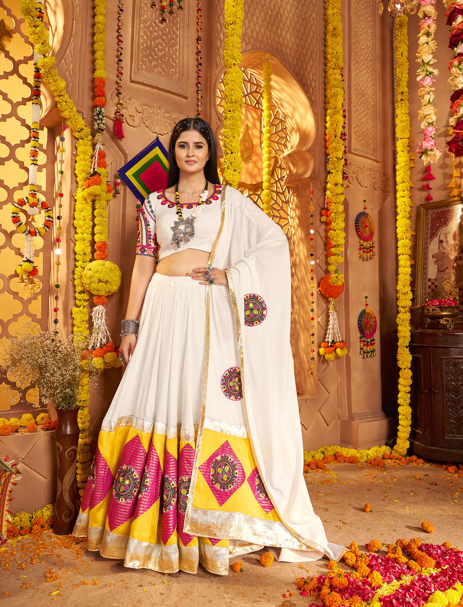 White mirror work chaniya choli for Navratri garba night