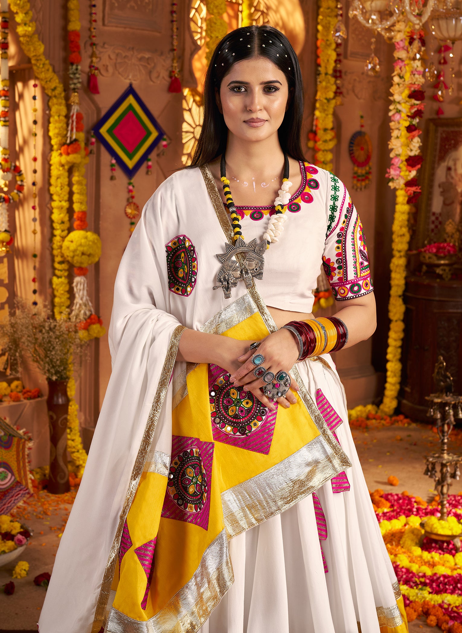 Designer white lehenga choli with heavy mirror work