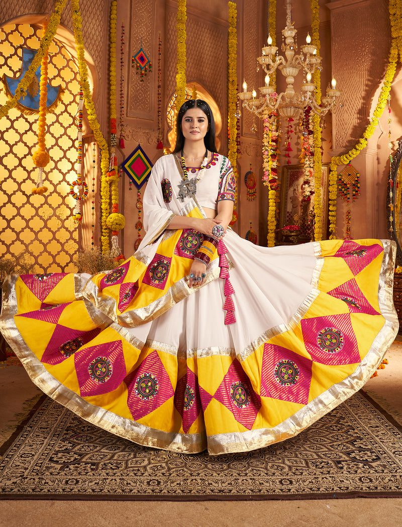 Gujarati white chaniya choli with dupatta and mirror work