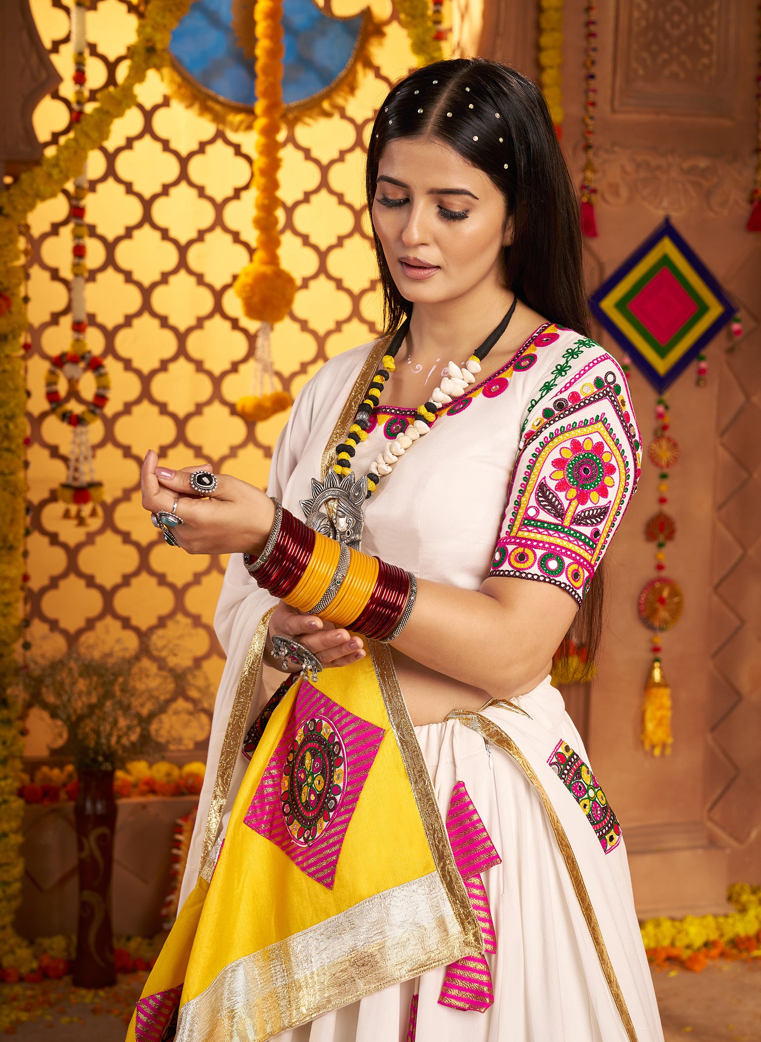 Latest white mirror work chaniya choli for festive wear