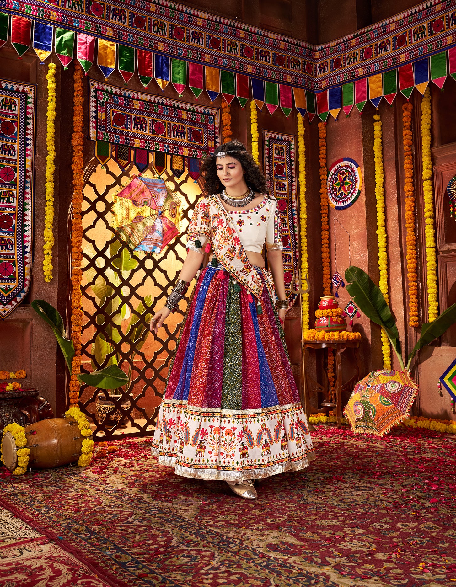 Multicolor Cotton Navratri Chaniya Choli for Garba Dance Outfit