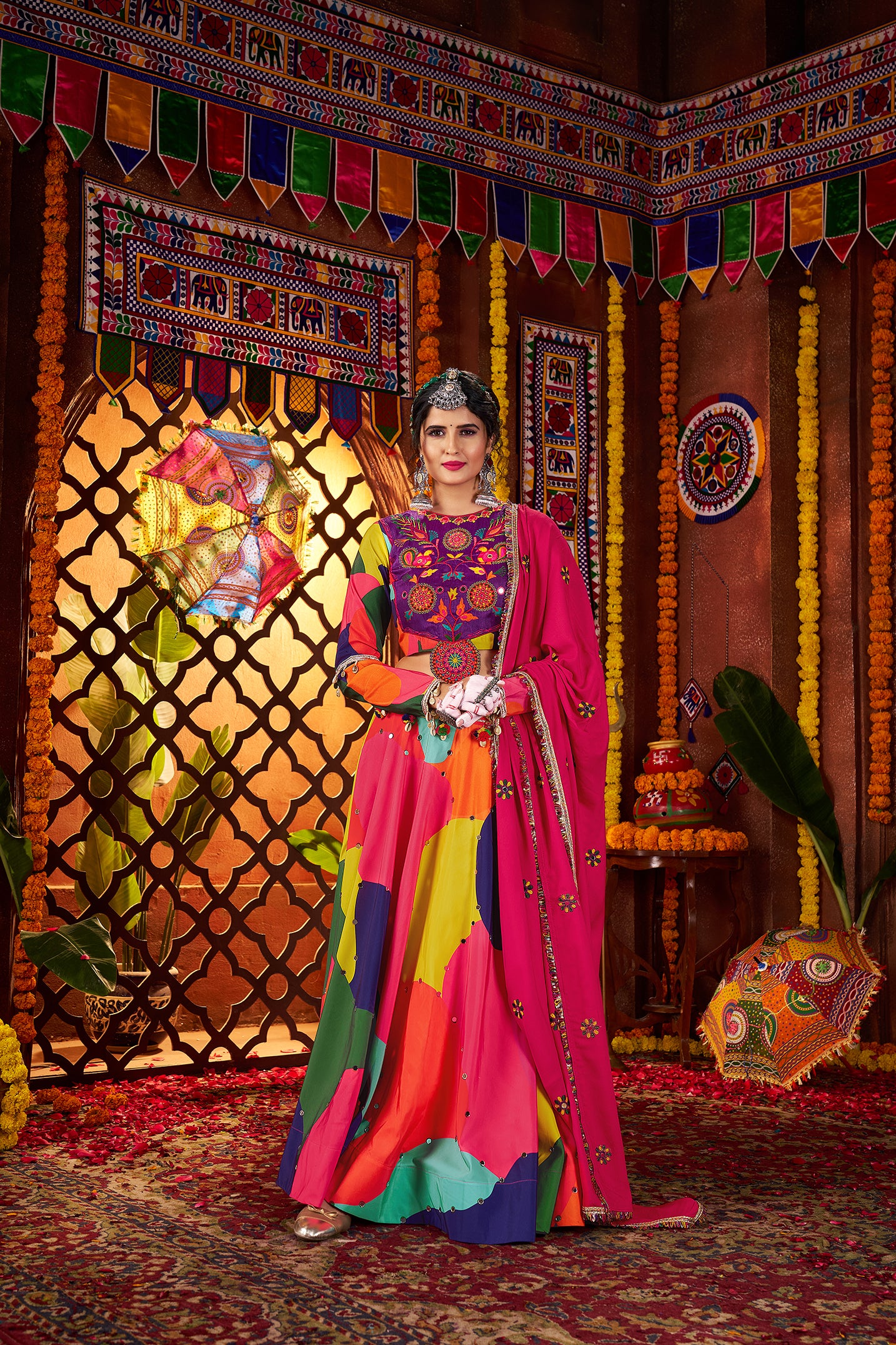 Multicolor Cotton Ghagra Choli with Traditional Prints