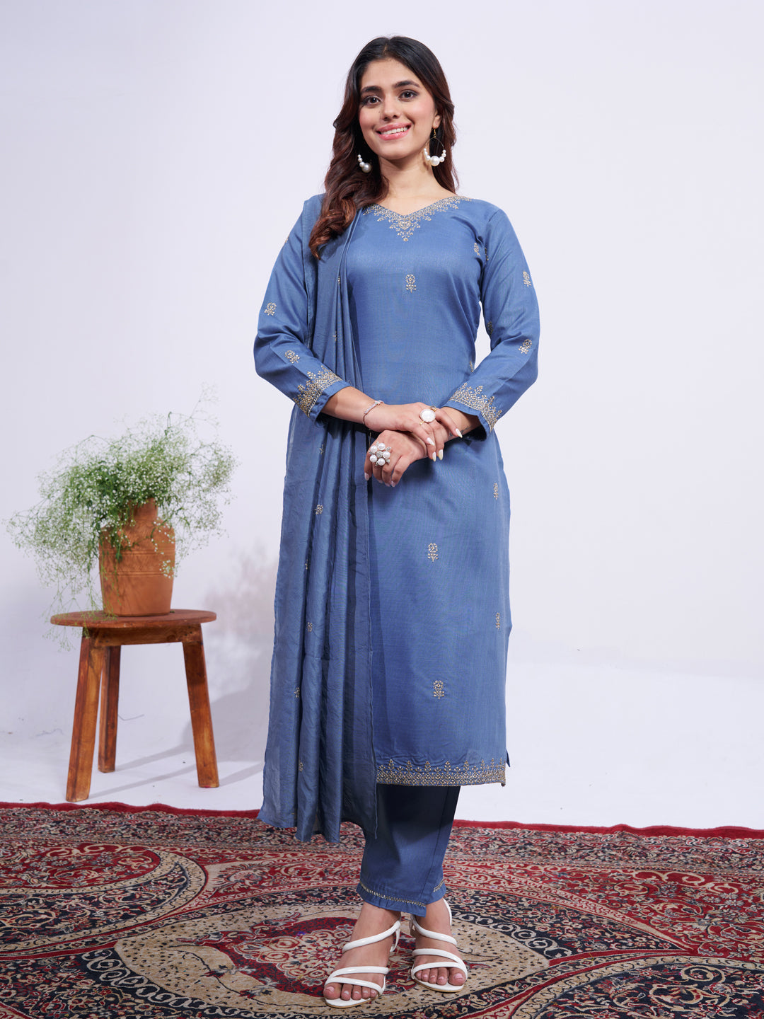 Denim Blue Pure Soft Rayon Print Salwar Suit ##color## Salwar Suit. with premium fabric and embroidery