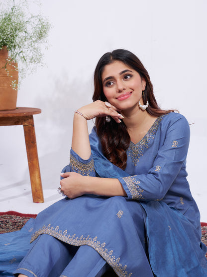 Denim Blue Pure Soft Rayon Print Salwar Suit 