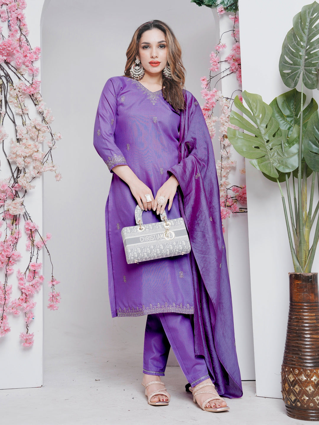 Lavender Pure Soft Rayon Print Salwar Suit ##color## Salwar Suit. with premium fabric and embroidery
