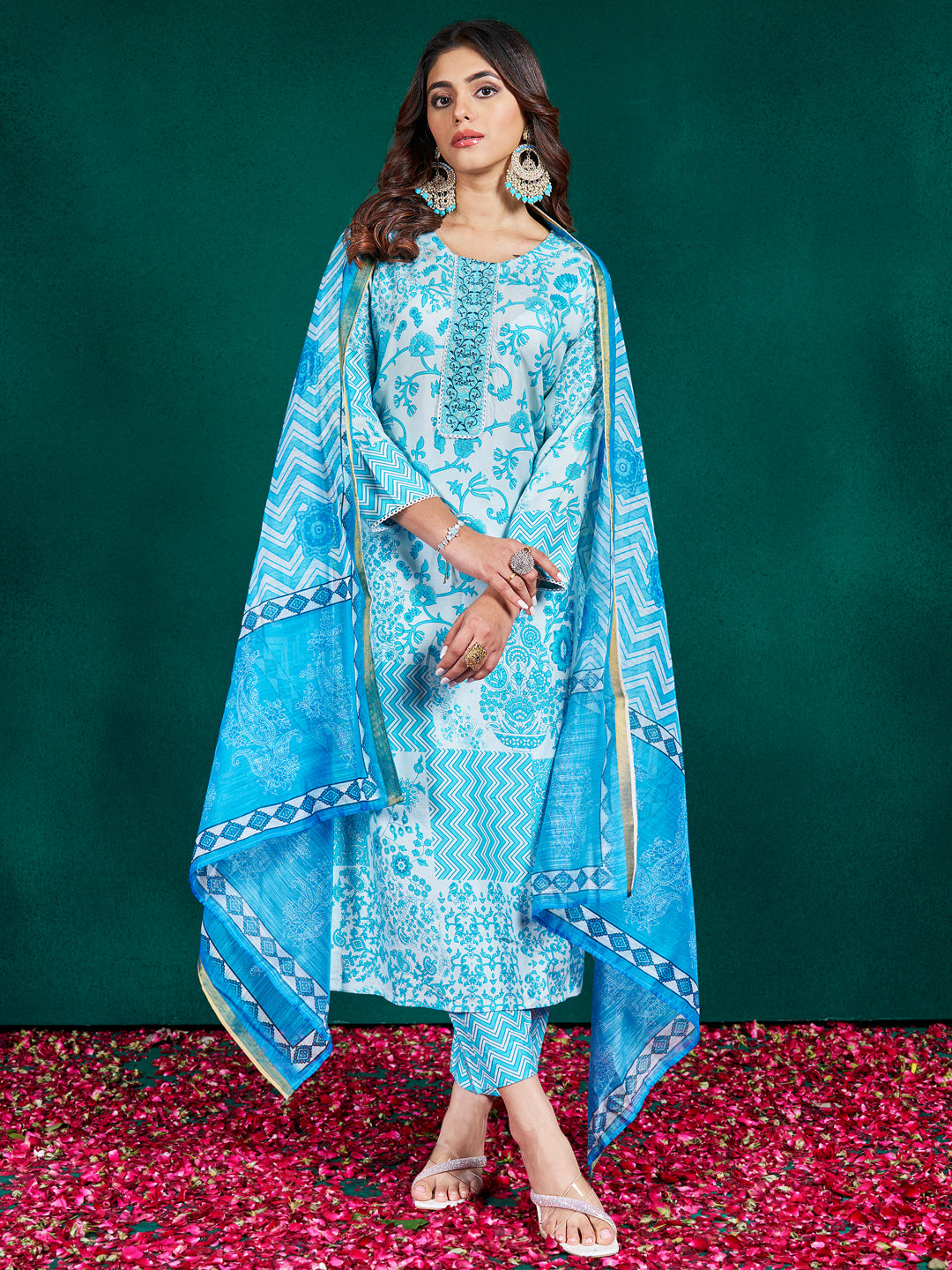 Sky Rayon Print with Embroidery &amp; Fancy Lace Work Kurti Set 
