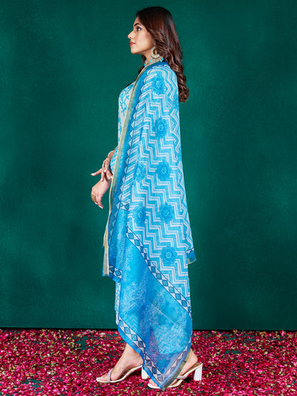 Sky Rayon Print with Embroidery &amp; Fancy Lace Work Kurti Set 