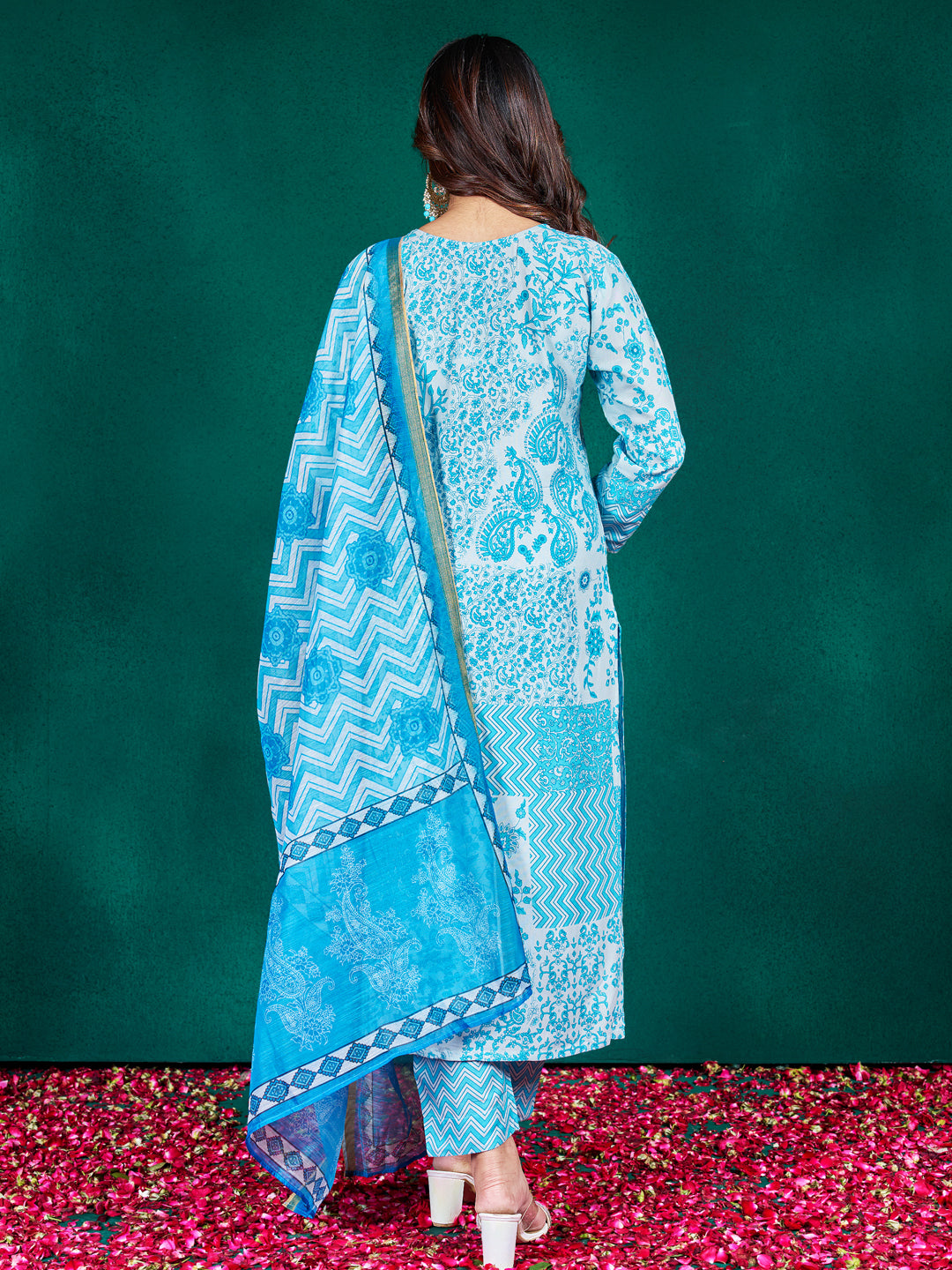 Sky Rayon Print with Embroidery &amp; Fancy Lace Work Kurti Set 