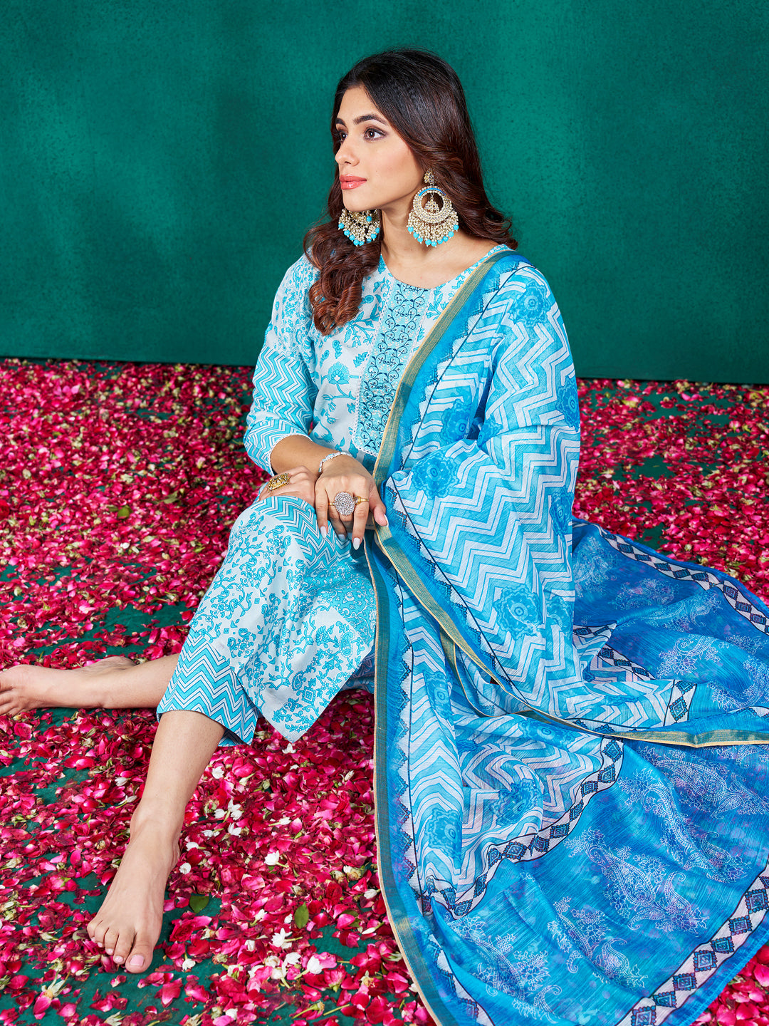 Sky Rayon Print with Embroidery &amp; Fancy Lace Work Kurti Set 