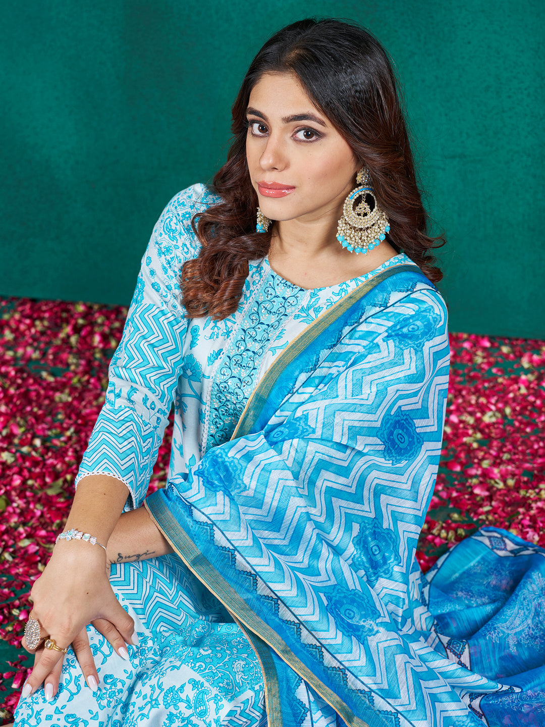 Sky Rayon Print with Embroidery &amp; Fancy Lace Work Kurti Set 