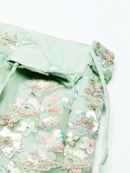 Lime Green Net Floral Sequins with Heavy Zarkan Embroidery Lehenga Choli &amp; Dupatta
